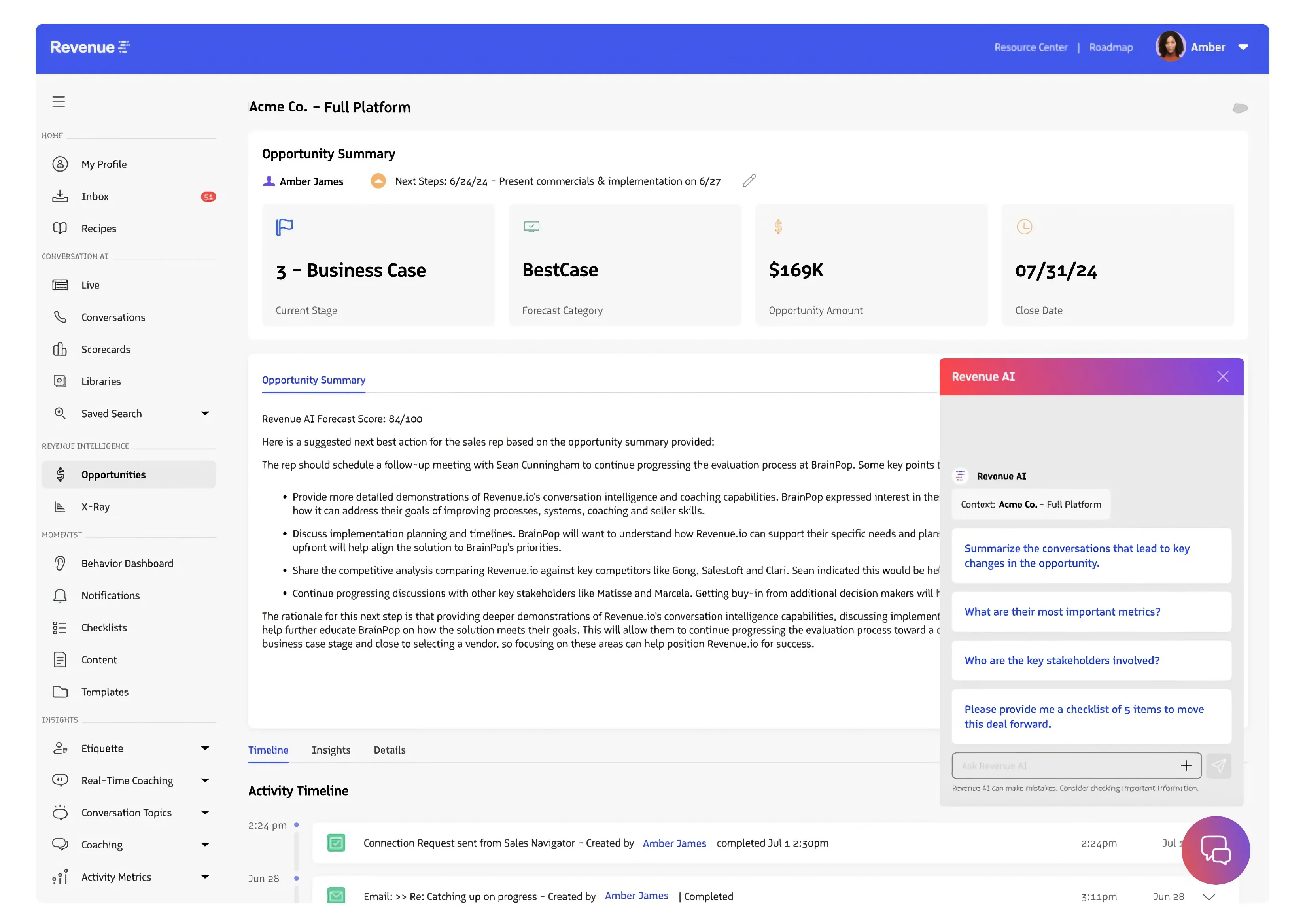 Ask Revenue chatbot interface providing call coaching prompts.