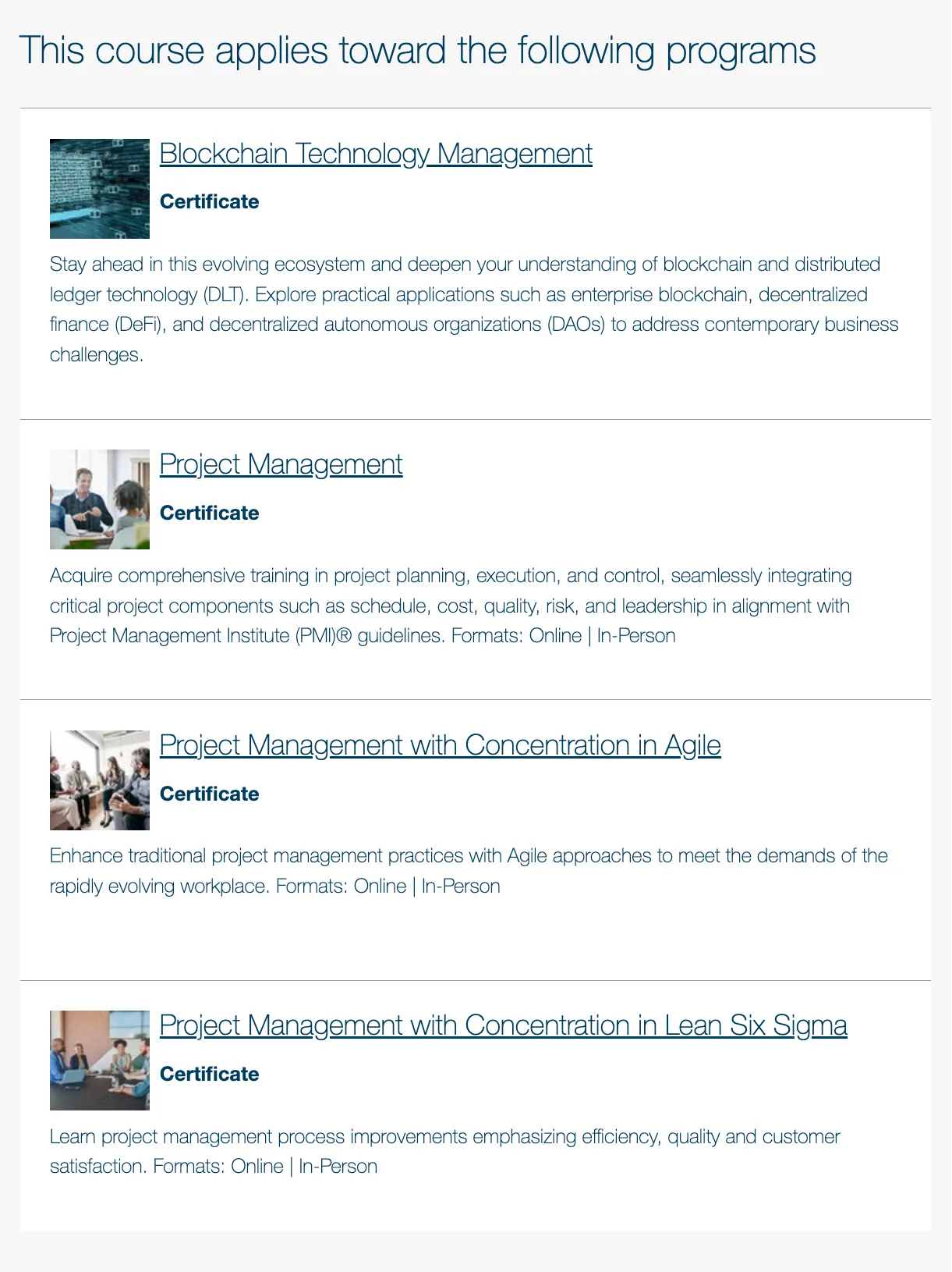 Curriculum overview blocks describing course modules.